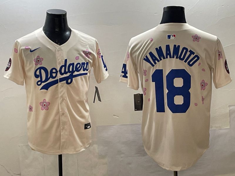 Men Los Angeles Dodgers #18 Yamamoto Cream Sakura Edition 2025 Nike MLB Jersey style 18->los angeles dodgers->MLB Jersey